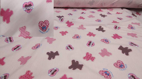 rosa~pink Kinderstoff Teddy und Herzmuster Patchwork Stoff